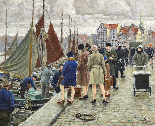 Elegante damer med klokkehatte køber fisk