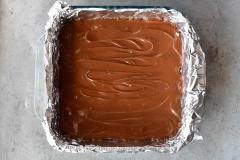 Đun chảy chocolate trong lò vi sóng hoặc hấp cách thủy. Rưới chocolate lên phần bánh, trải thật phẳng và đều. Cho khuôn vào tủ lạnh để làm đông nhé.