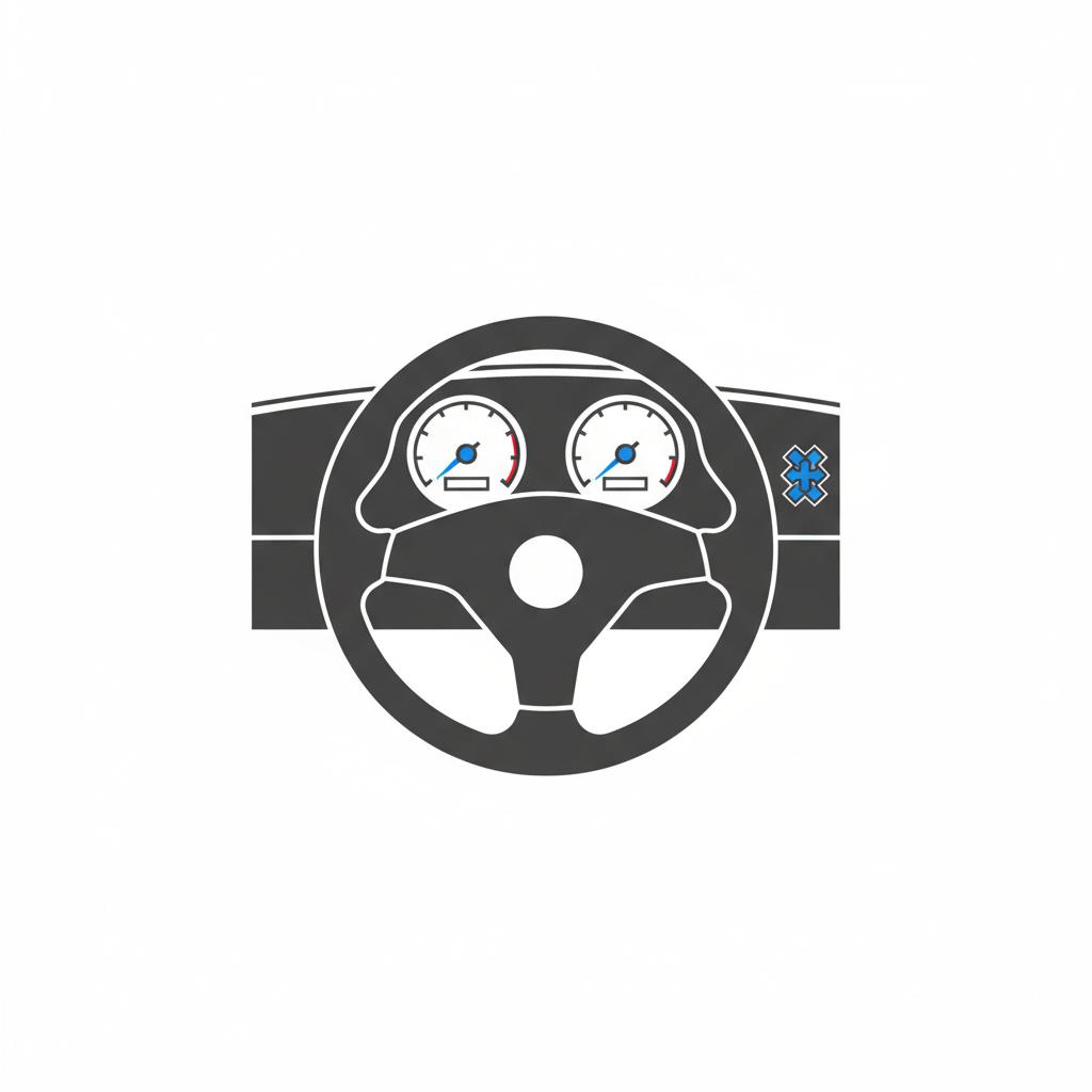 Minimalist 2D vector of a generic sports coupe interior with steering wheel gauge cluster and abstract performance emblem in CarFax Deals palette camaro for sale near me