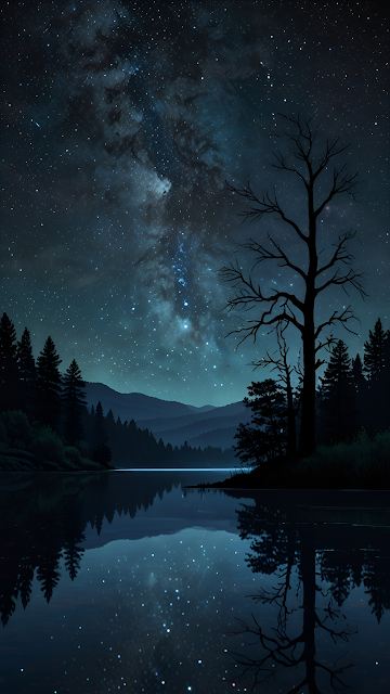 Vibrant Milky Way Reflection Over Dark Forest Lake - Free mobile Wallpaper