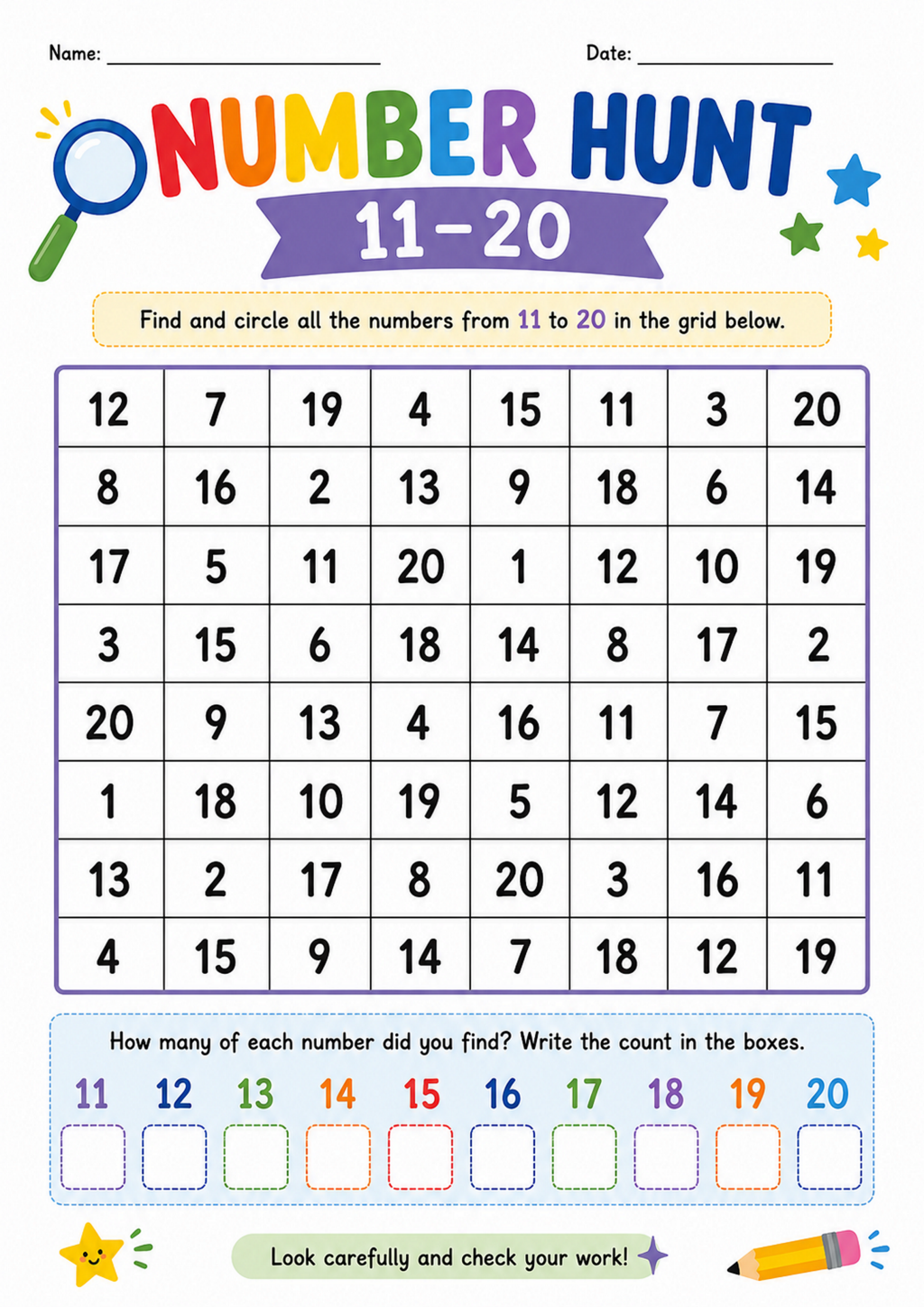 Number Hunt 11-20 Worksheet