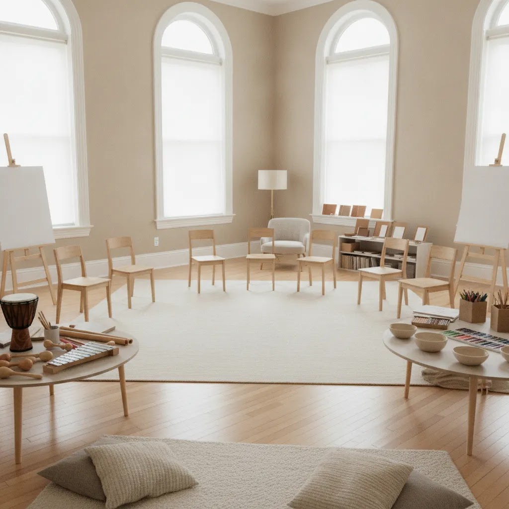 Expressive arts therapy workshop room setup with creative stations and open space