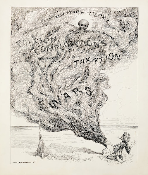 Uncle Sam opens a bottle labeled Cuba and a smoke with a skeleton pours out 1898