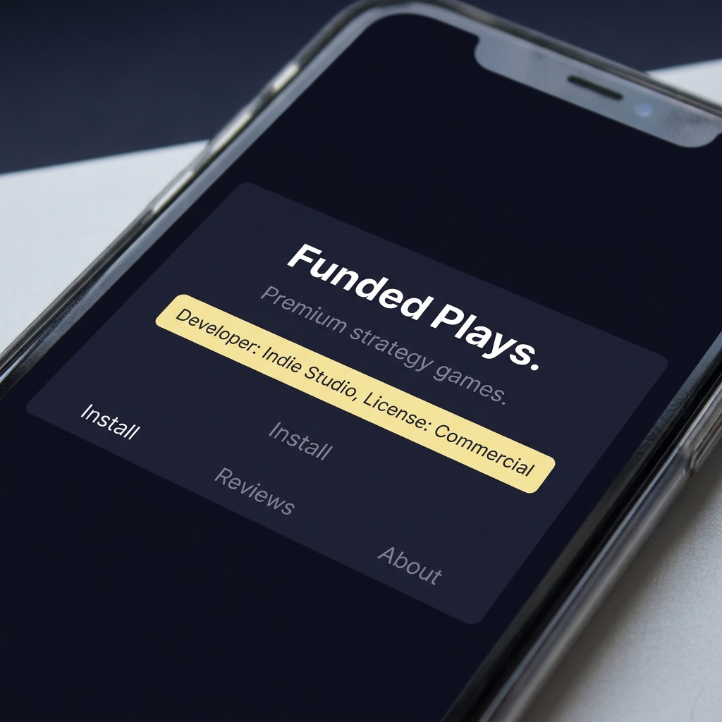 Close up full frame app store listing showing developer name and licence info highlighted on a dark Funded Plays style background bookmaker eu mobile app