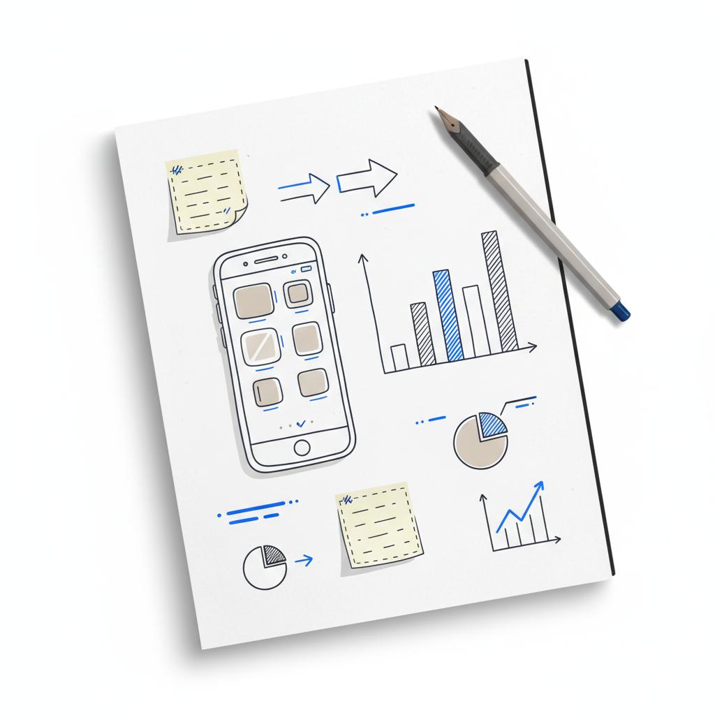 Flat-lay sketch of a phone screen and bar chart on a white notebook page with sticky notes and a pen, minimalist Agency Visible style &mdash; TikTok pay per 1000 views