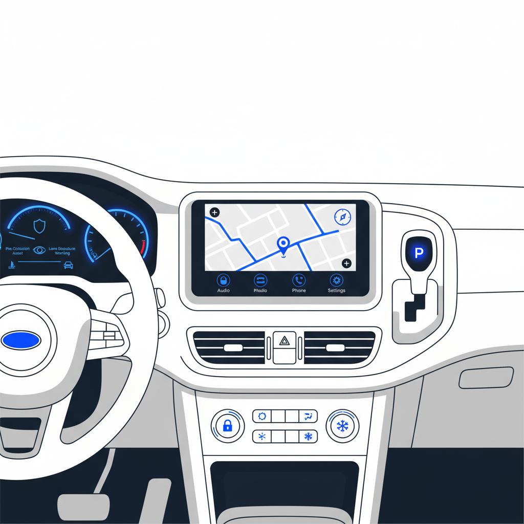 Close up vector illustration of car dashboard showing safety indicators and infotainment screen for kia telluride for sale in a minimalist CarFax Deals style