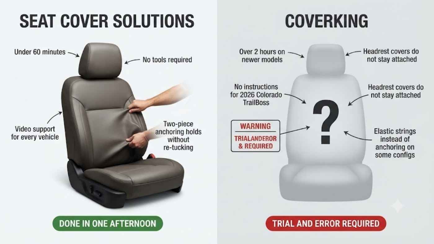 Seat Cover Solutions vs Coverking installation comparison showing setup time, support, and seat cover fit differences.