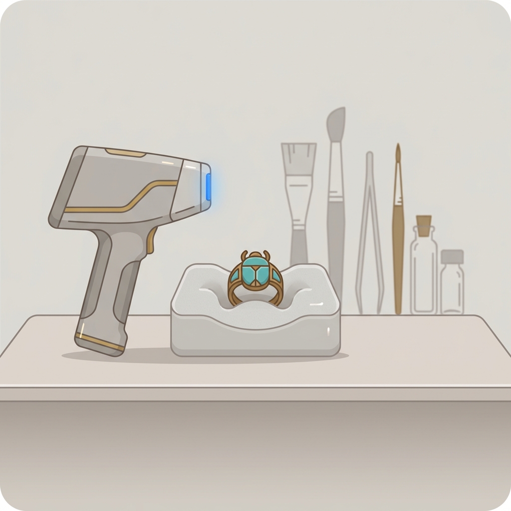 Minimalist 2D vector of a conservator workspace featuring a portable XRF next to an antique scarab ring on a foam cradle in neutral Aurora Antiqua palette