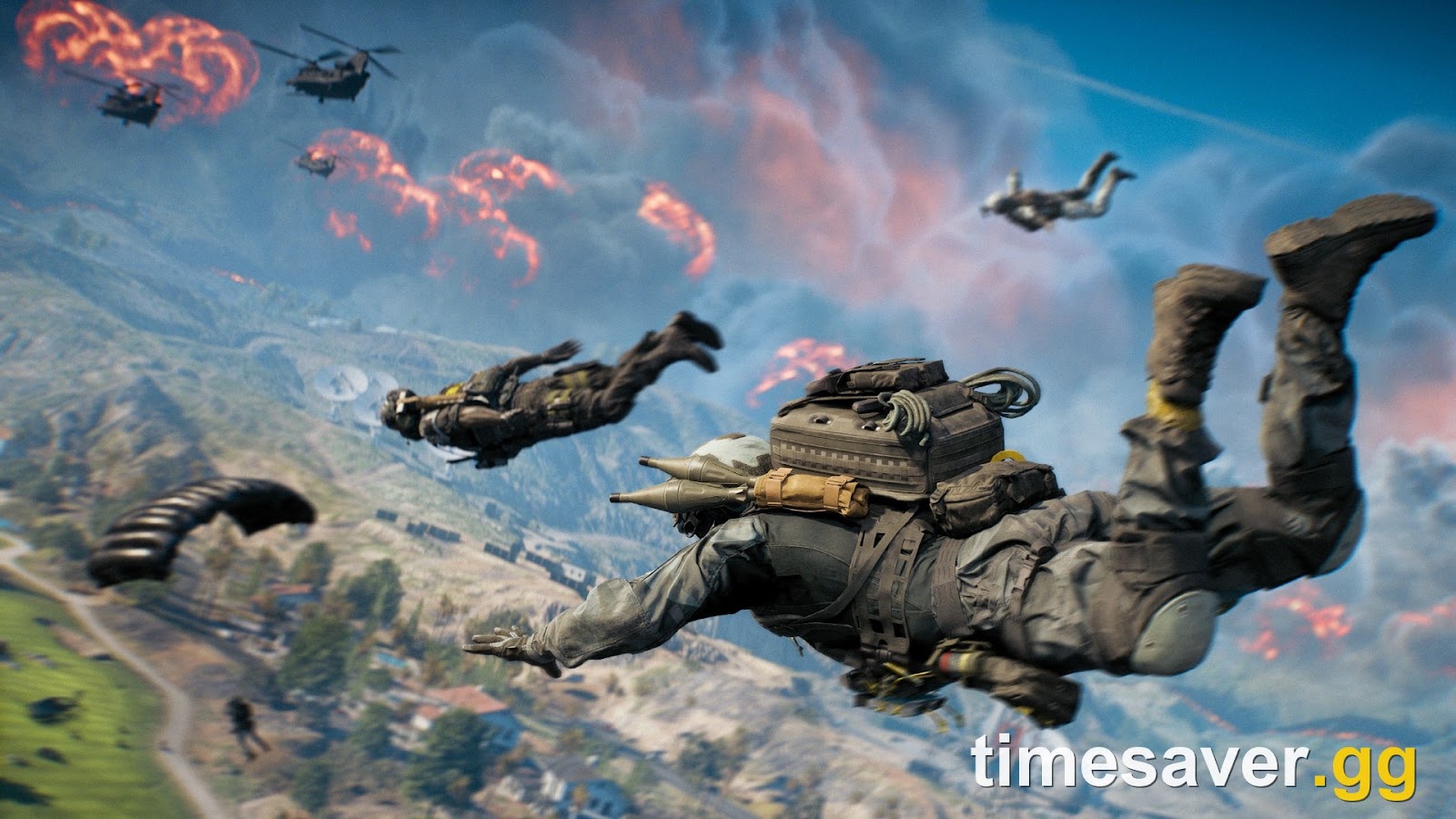 Battlefield REDSEC battle royale screenshot of a squad free-falling toward the map while attack helicopters and flak bursts fill the sky