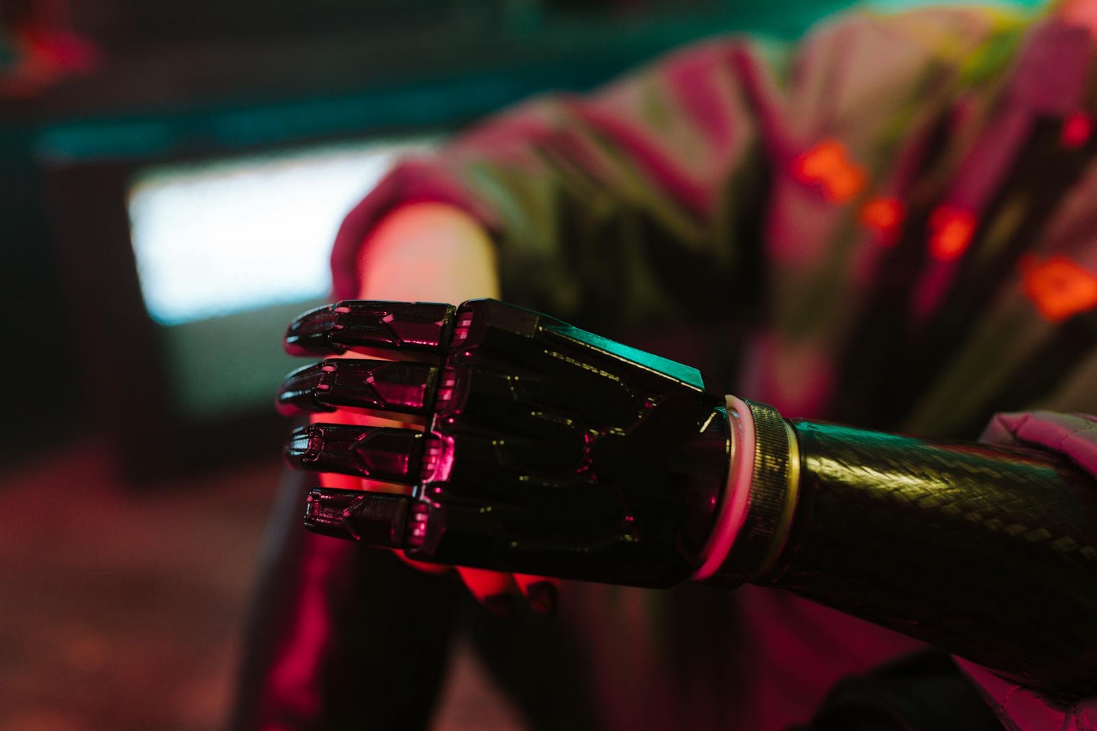 Human and robot arms collaborating over a financial dashboard, symbolizing augmented intelligence in AI price analysis.