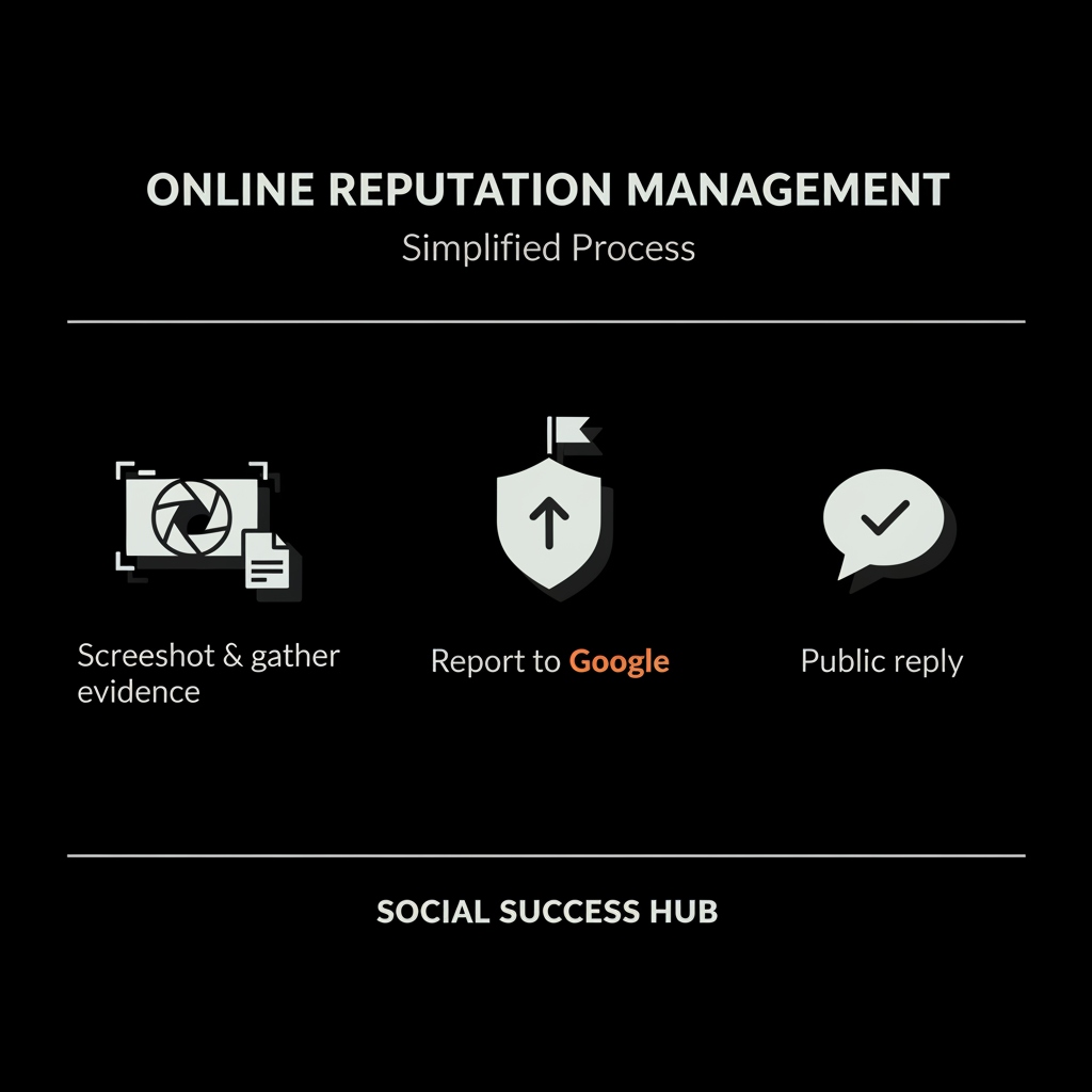 Minimal black infographic with three step icons: screenshot & gather evidence; report to Google; public reply, pale text and orange accents guiding how to remove Google review
