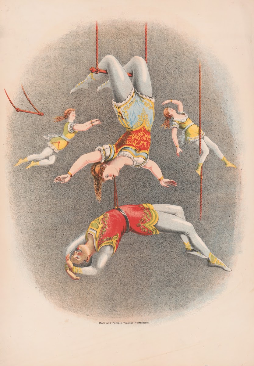 Male and female trapeze performers 1875