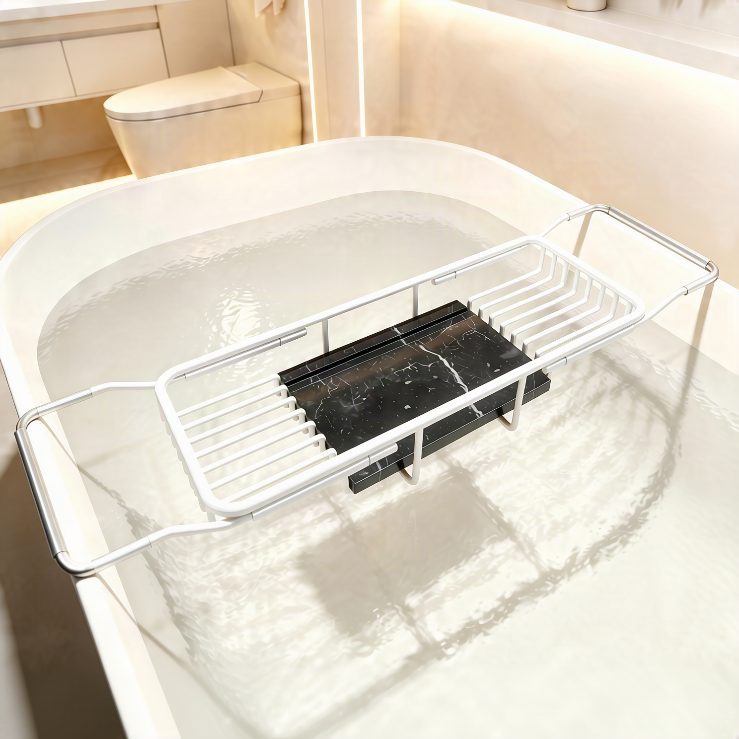 Retractable stainless steel bathtub shelf