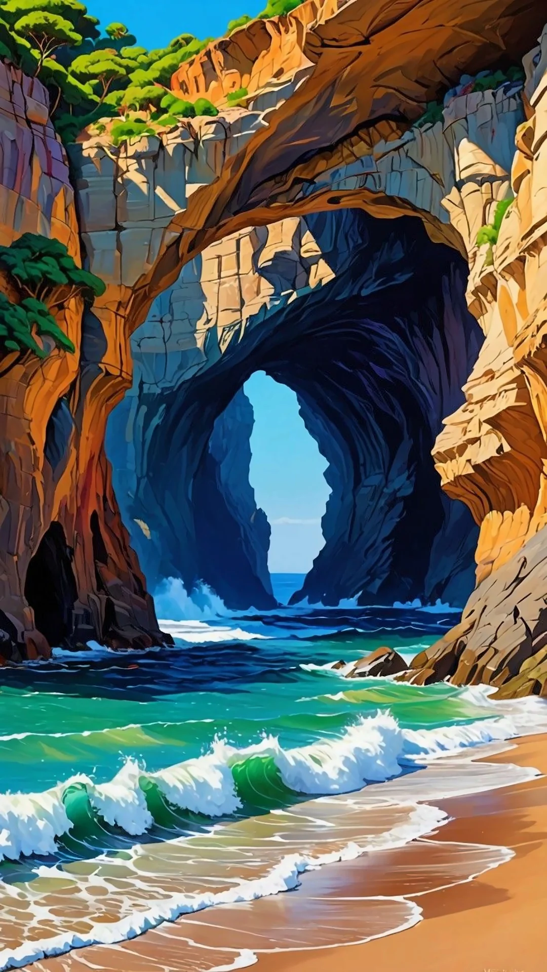 Dramatic Sea Cave Arch Over Turquoise Waves and Beach - Free 4K mobile Wallpaper