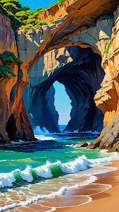Dramatic Sea Cave Arch Over Turquoise Waves and Beach