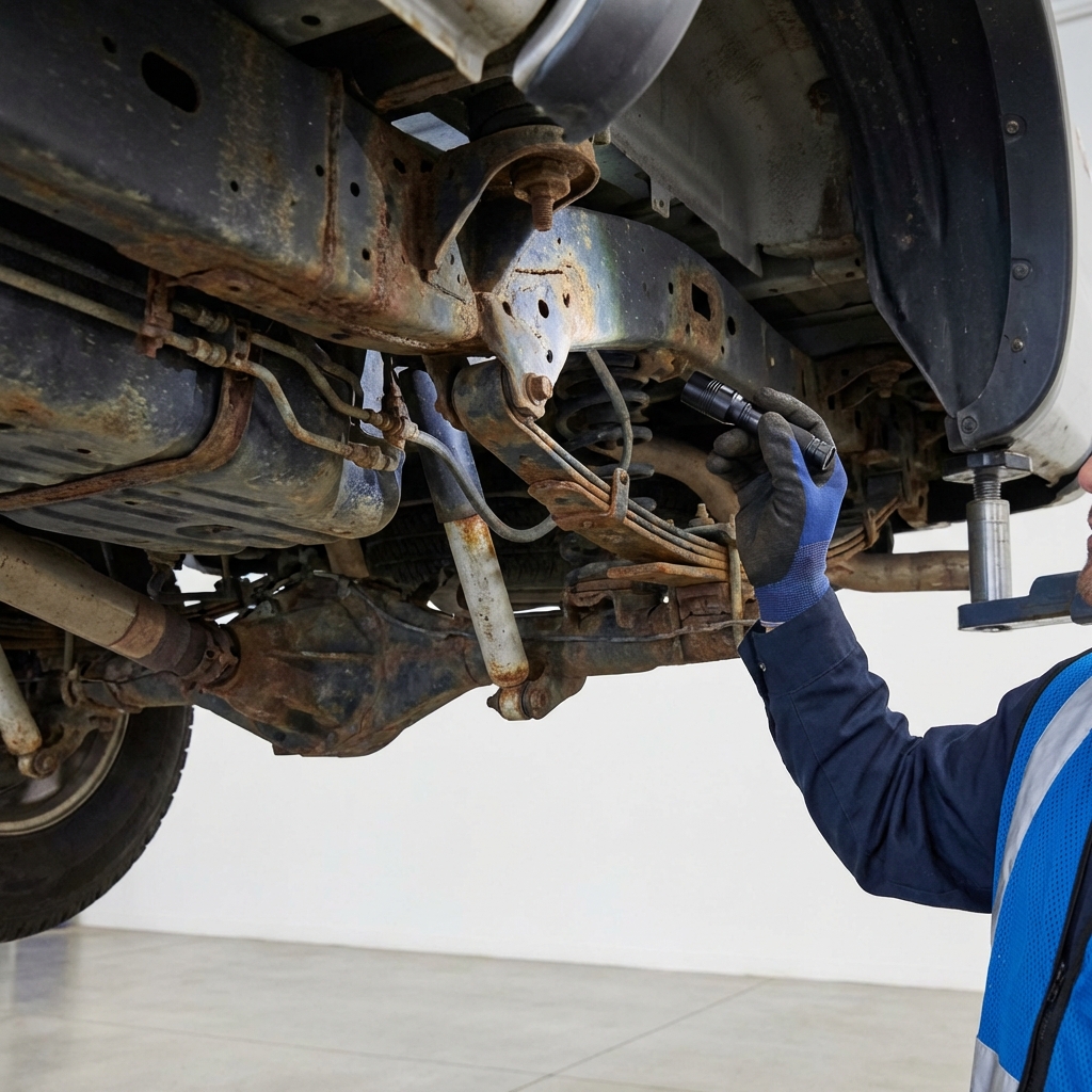 Close full frame photo of a used toyota tacoma for sale undercarriage on a lift with an inspector pointing at visible rust spots in a clean white garage