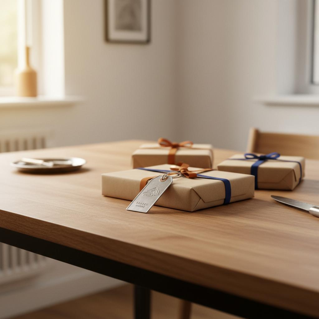 Nahaufnahme eines Esstisches mit mehreren Geschenken und graviertem Metallanhänger im Fokus, warme Beleuchtung, minimalistisches Steelmonks-Design – weihnachtsgeschenk ideen