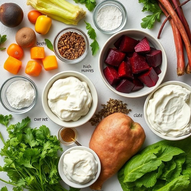 Ingredients for Roasted Beet and Sweet Potato Salad with Creamy Ricotta - Easy Homemade & Flavorful