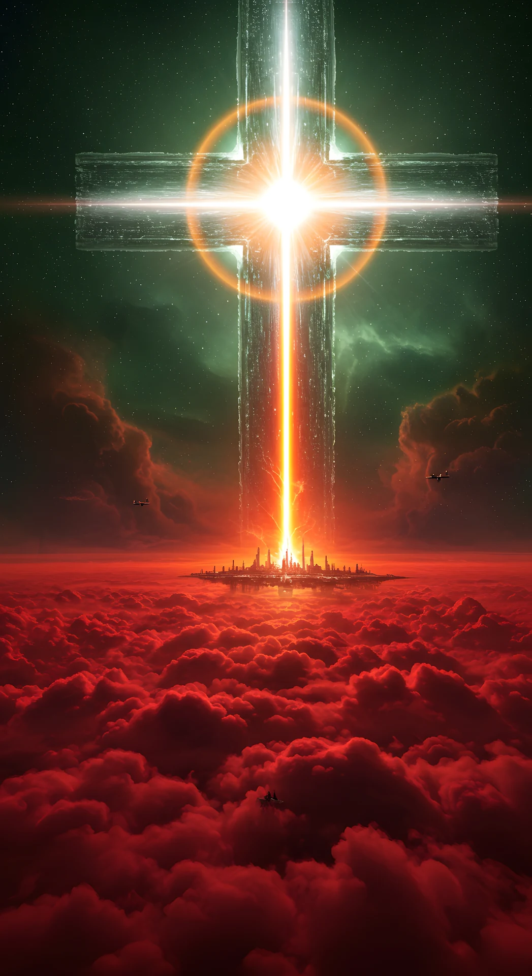 Radiant Crystal Cross Beam Over Red Cloud Cityscape - Free 4K mobile Wallpaper