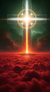 Radiant Crystal Cross Beam Over Red Cloud Cityscape