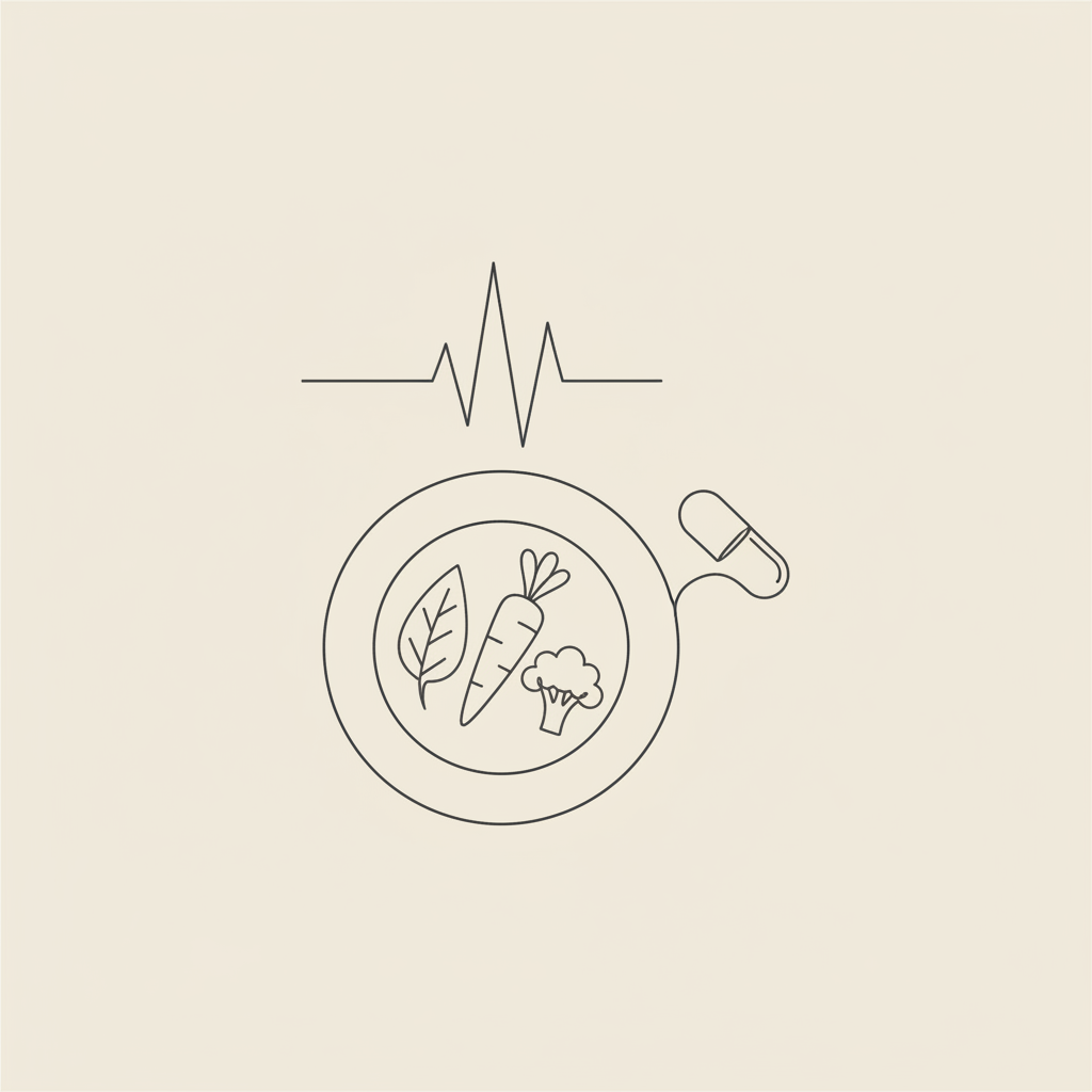 Minimal Tonum-style line illustration of a plate with vegetables, a capsule and a heart-rate line on a beige background, representing causes of belly fat.