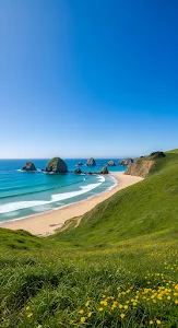Vibrant Green Coastal Hillside Overlooking Sea Stacks