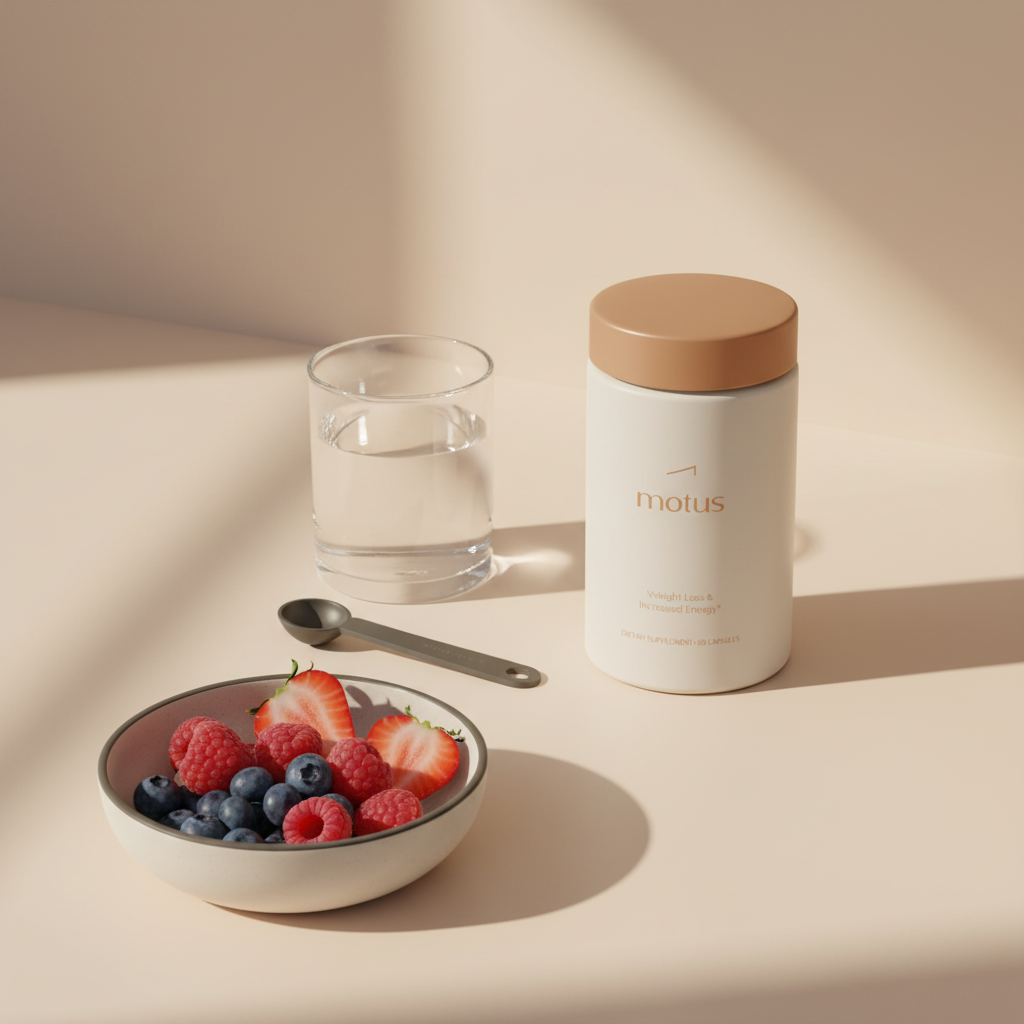 Minimal kitchen countertop scene with Motus supplement jar beside a measuring spoon, glass of water and bowl of mixed berries for a morning routine promoting fat burners.