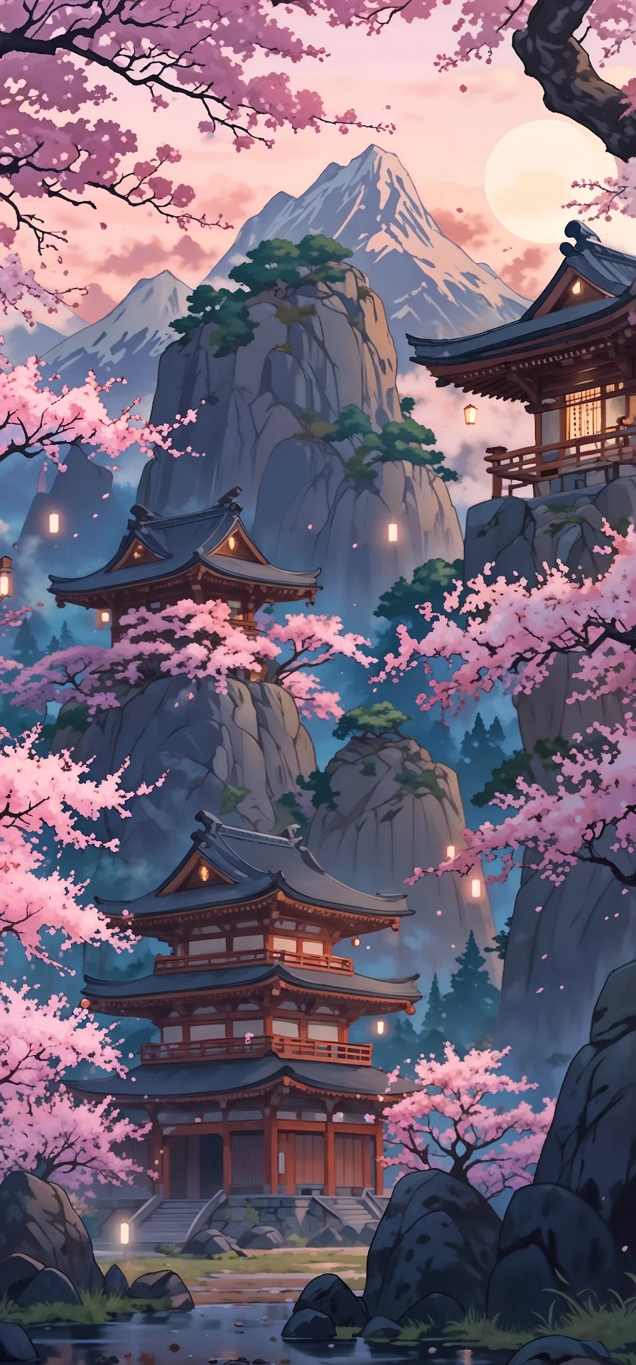 Cherry Blossom Temple at Dusk with Snowy Peak - Free 4K mobile Wallpaper