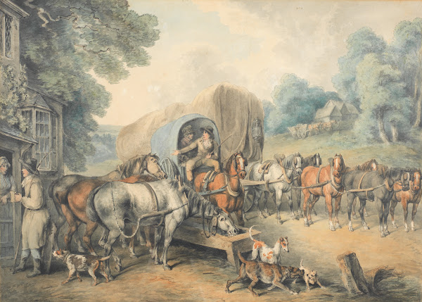 A stagecoach halting at a country inn