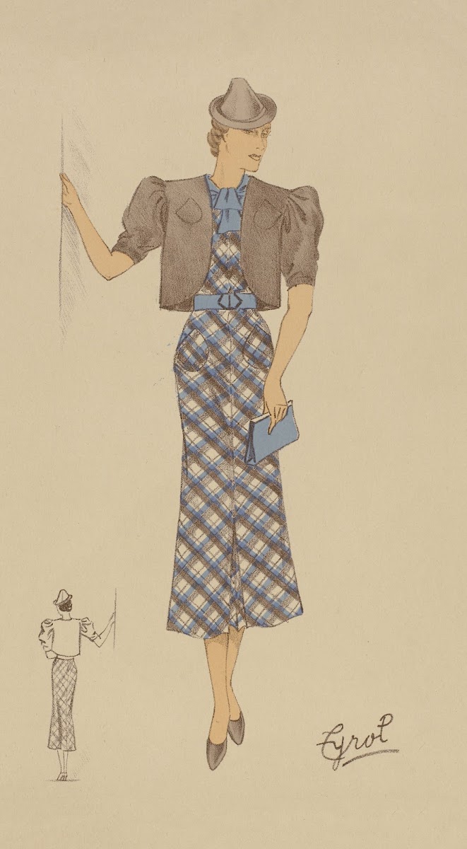 Vrouw in een Schots geruite jurk met bolero ca 1930