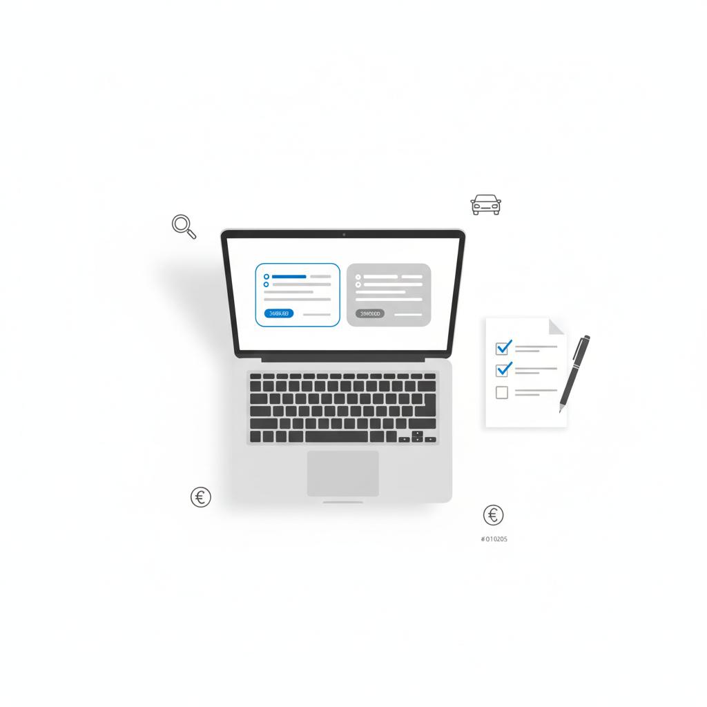 Minimal 2D vector illustration of a laptop showing two price listing cards and a printed checklist on a white desk for black book car value comparison
