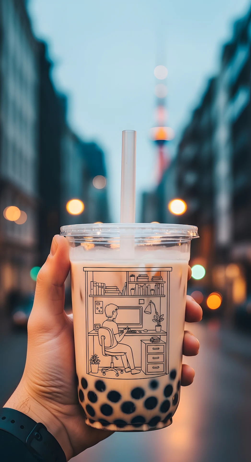 Mixed Media Concept Hand Holding Bubble Tea with Line Art Scene Inside - Free 4K mobile Wallpaper