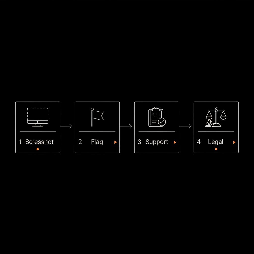 Clean infographic showing steps on how to remove a Google review: screenshot, flag, support ticket, legal, minimalist icons on black background with subtle orange accents.