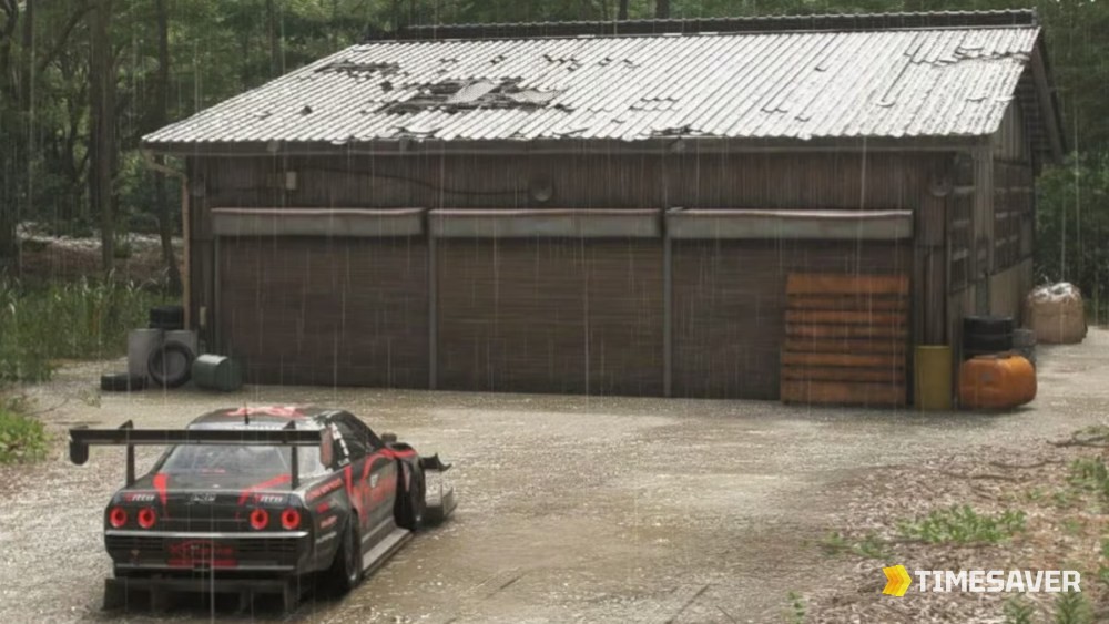 A weathered Forza Horizon 6 barn in a rainy Japanese forest with a car parked outside — barn finds are gated behind Discover Japan stamps