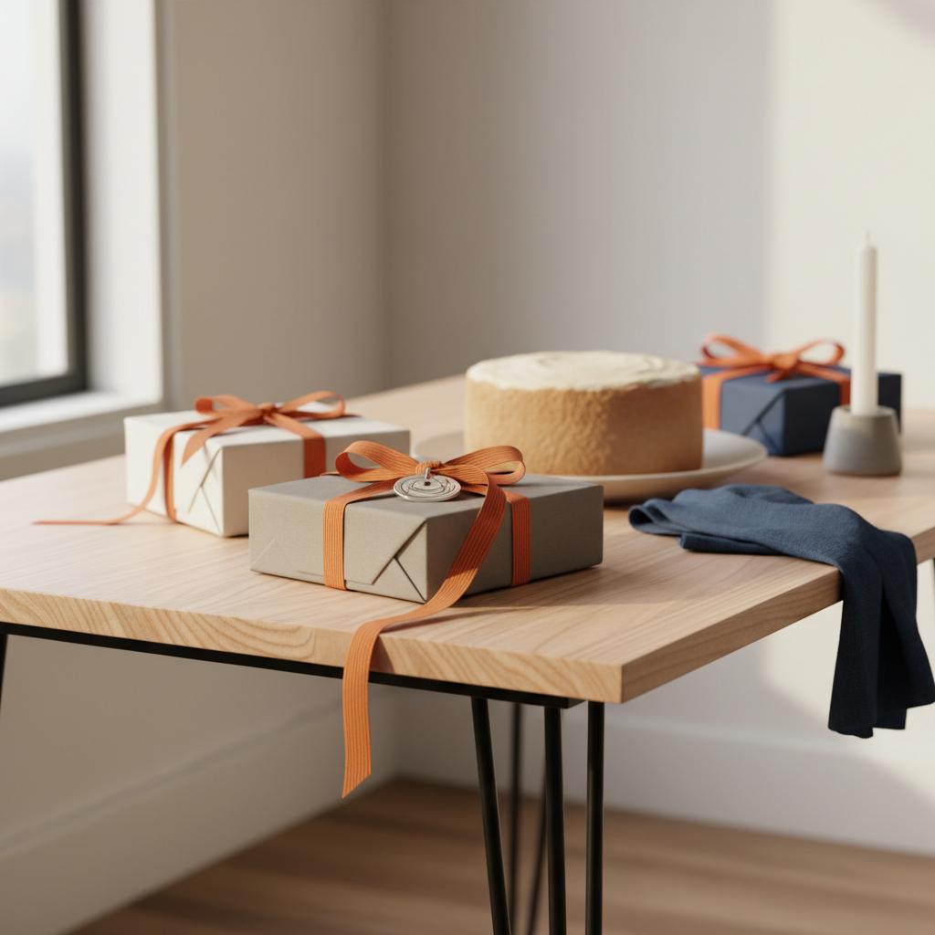 Minimalistischer Esstisch mit Geschenkverpackungen und simpler Vanilletorte, Fokus auf Band und Gravur am Metallanhänger; ideales geschenk für lehrer in Steelmonks-Farbwelt.