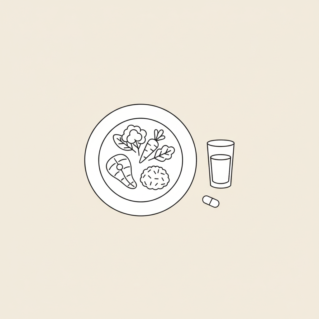 Minimal Tonum-style vector line illustration of a balanced plate with protein, vegetables, grains, glass and capsule on beige background for meal replacement powders.