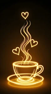 Steaming Coffee Cup with Floating Neon Hearts Line Art