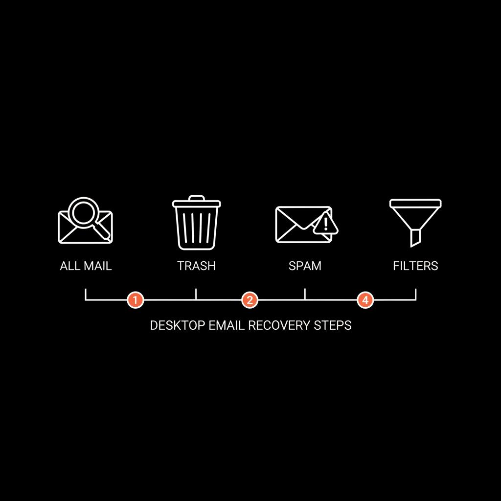 Minimal full-frame vector infographic showing four desktop steps to recover emails on Gmail: search All Mail, check Trash, check Spam, review Filters, on black background with cream text and orange accents.