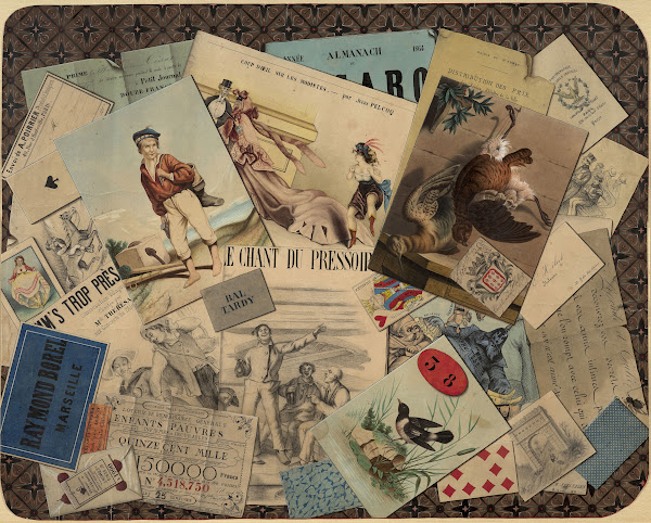 Trompe lœil of a watercolour a lotery ticket and of prints 1871