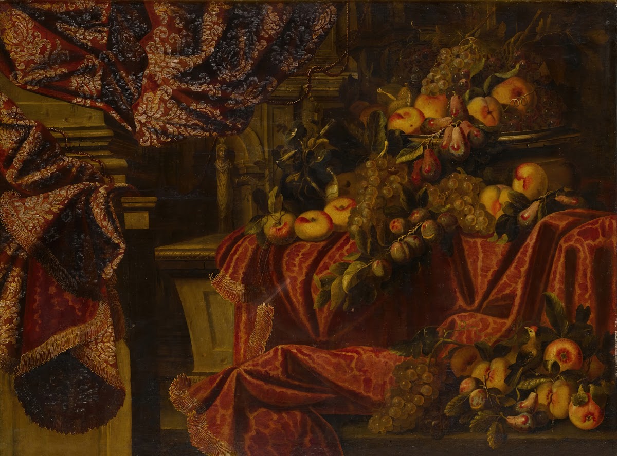 Still lifeof fruit set on a ledge draped with brocade