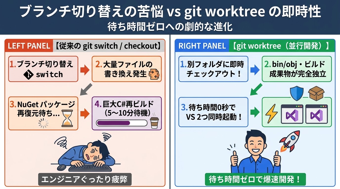 ブランチ切り替えの苦悩 vs git worktree の即時性