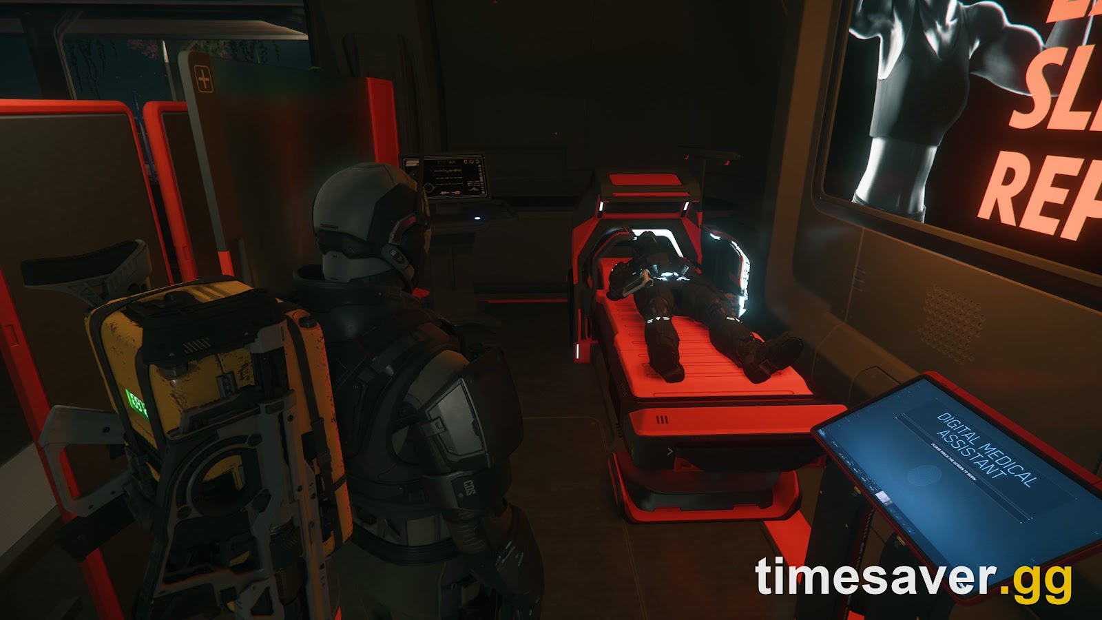 A medical bay with a respawn bed inside the Siege of Orison instance in Star Citizen Alpha 4.10
