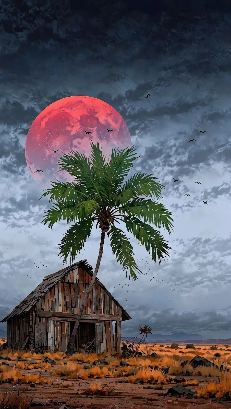 Tropical Cabin Under Blood Moon - Digital Art iPhone Wallpaper (1080x1909)