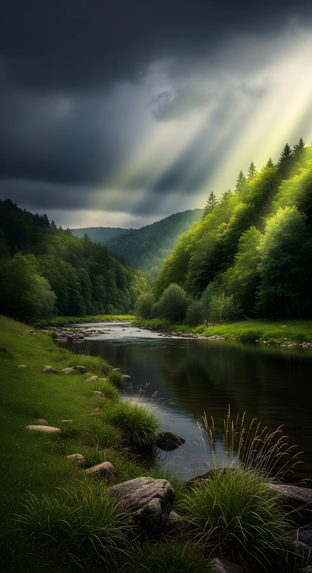 God Rays Illuminating Forest River Valley Stormy Sky - Free 4K mobile Wallpaper