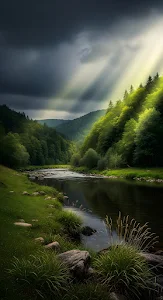 God Rays Illuminating Forest River Valley Stormy Sky