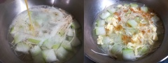 Bí đao gọt vỏ, rửa sạch, cắt miếng vừa ăn. Tép rửa sạch. Nấm kim châm cắt bỏ gốc, rửa sạch. Đun sôi nồi nước, cho bí đao vào nấu 2 - 3 phút rồi cho tép vào nấu lửa nhỏ. Khi bi chín thì thả nấm vào, đảo đều, tiếp đó đập trứng gà vào chén đánh ran rồi chế trứng vào canh, khuấy đều. Nêm chút muối, dầu mè là xong rồi đó.