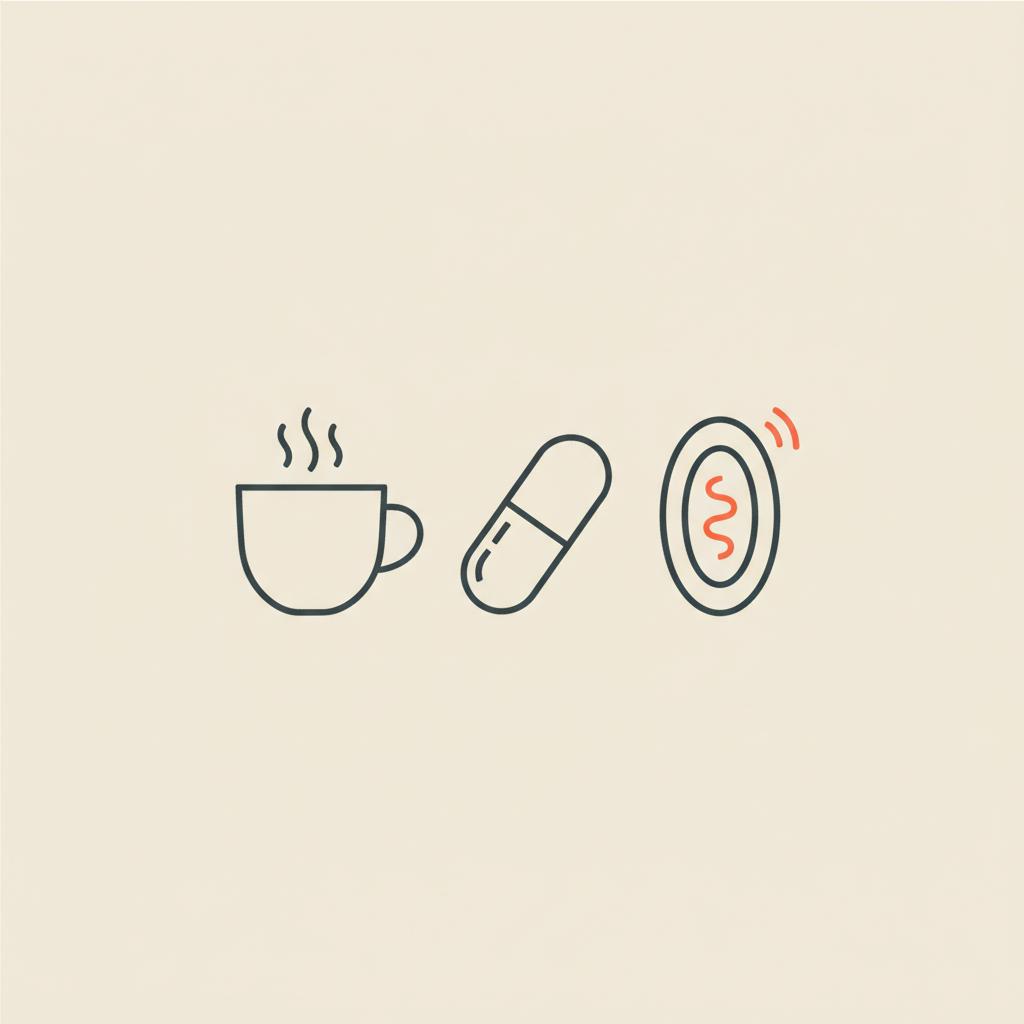 Minimal Tonum-style line illustration of a coffee cup, capsule, and stylized mitochondrion on a beige background — does caffeine activate AMPK
