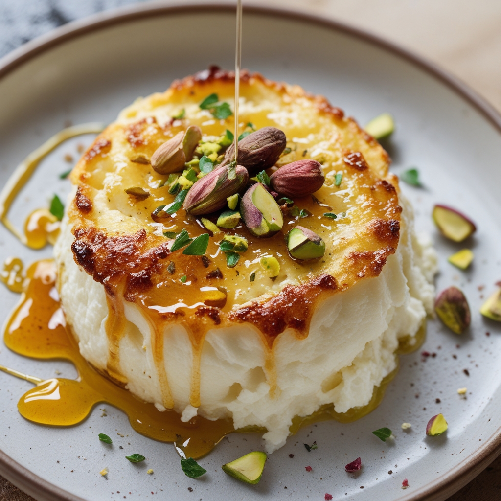 Final Golden Baked Ricotta with Calabrian Chili Honey & Pistachio Crumble