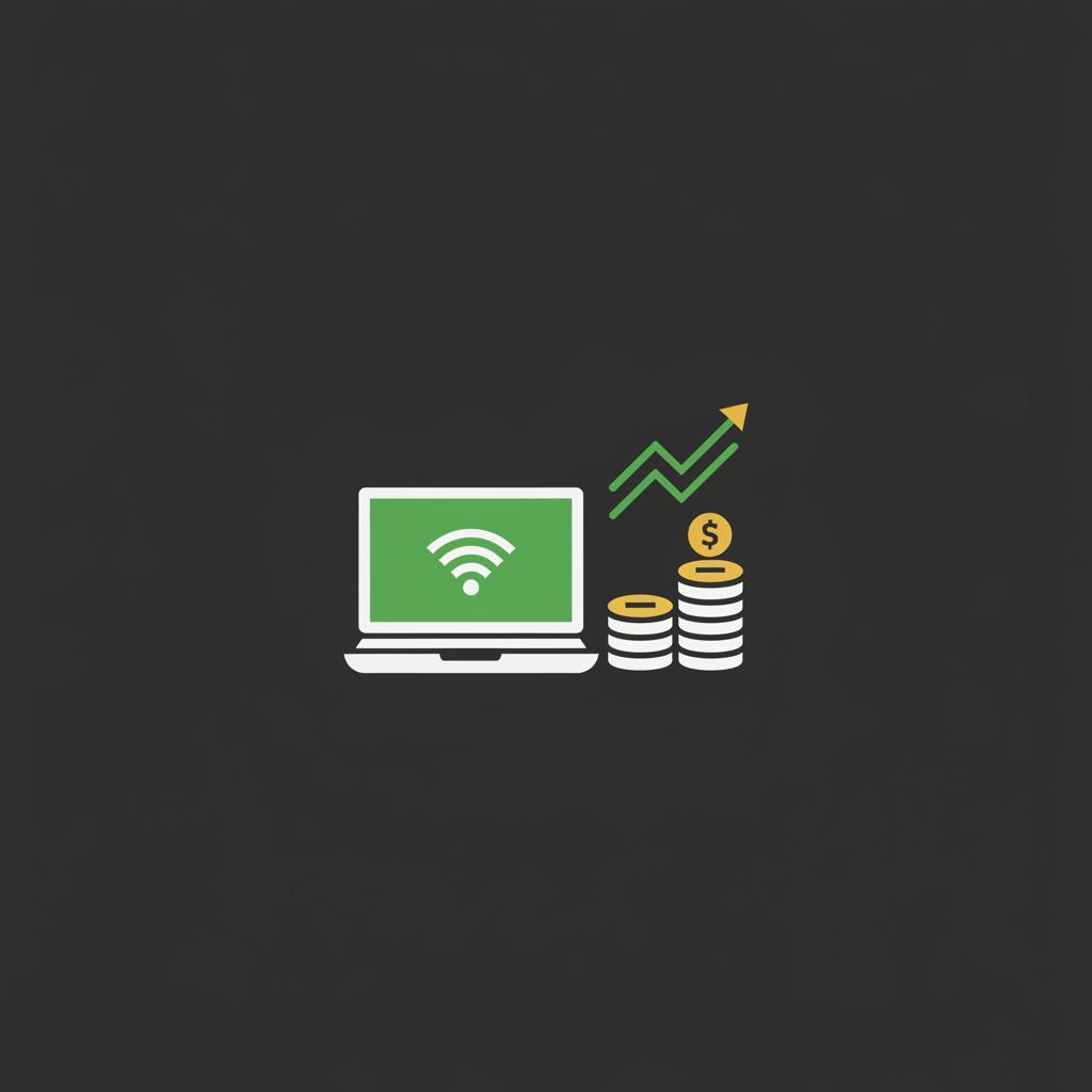 Minimalist 2D vector showing laptop outline stack of coins and rising line chart in Finance Police colors on dark background representing make passive income online