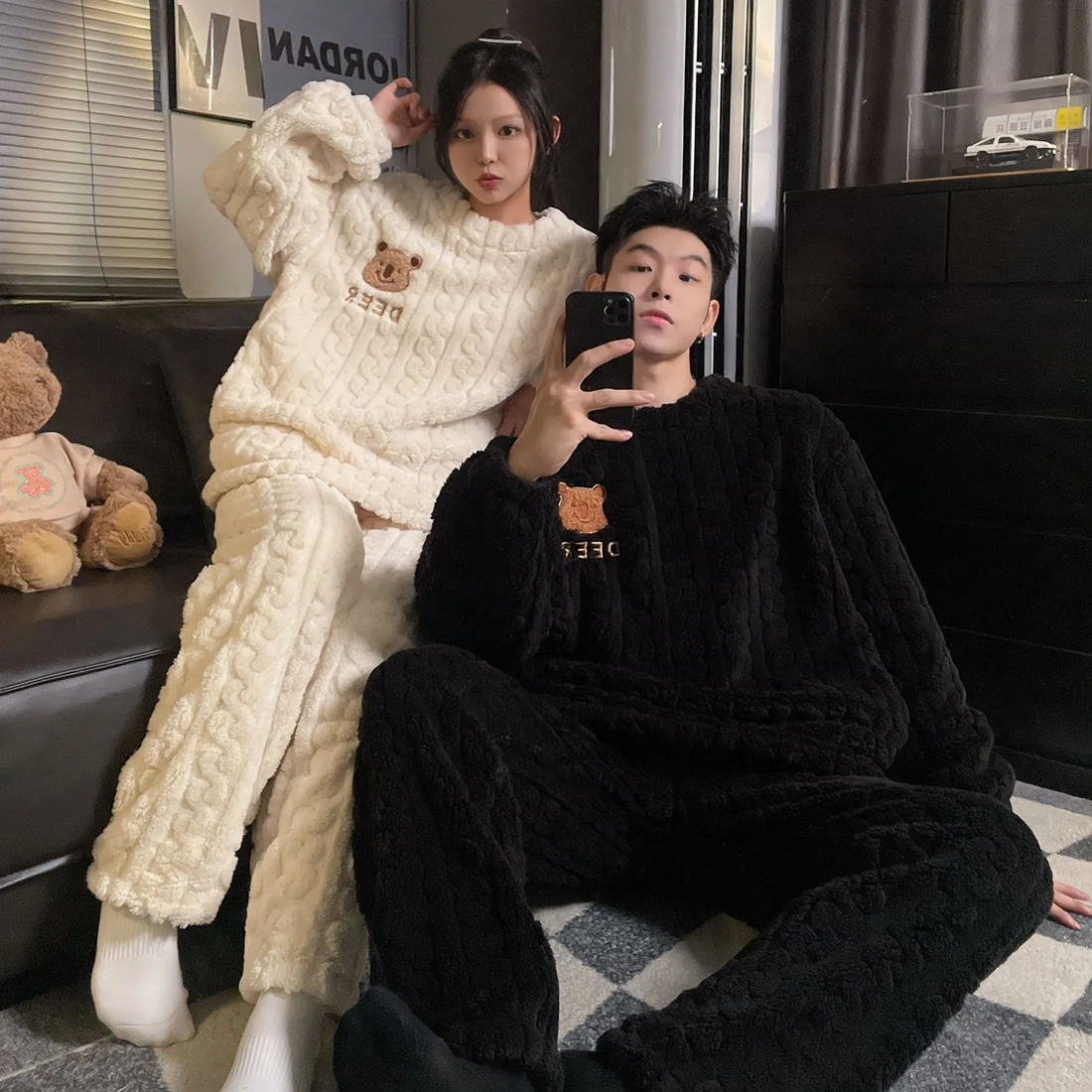 Lined Flannel Loungewear Set for Couples with Zipper